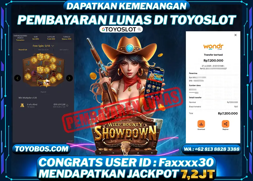 TOYOSLOT - BUKTI KEMENANGAN Wild Bounty Showdown Rp7,200,000,- LUNAS
